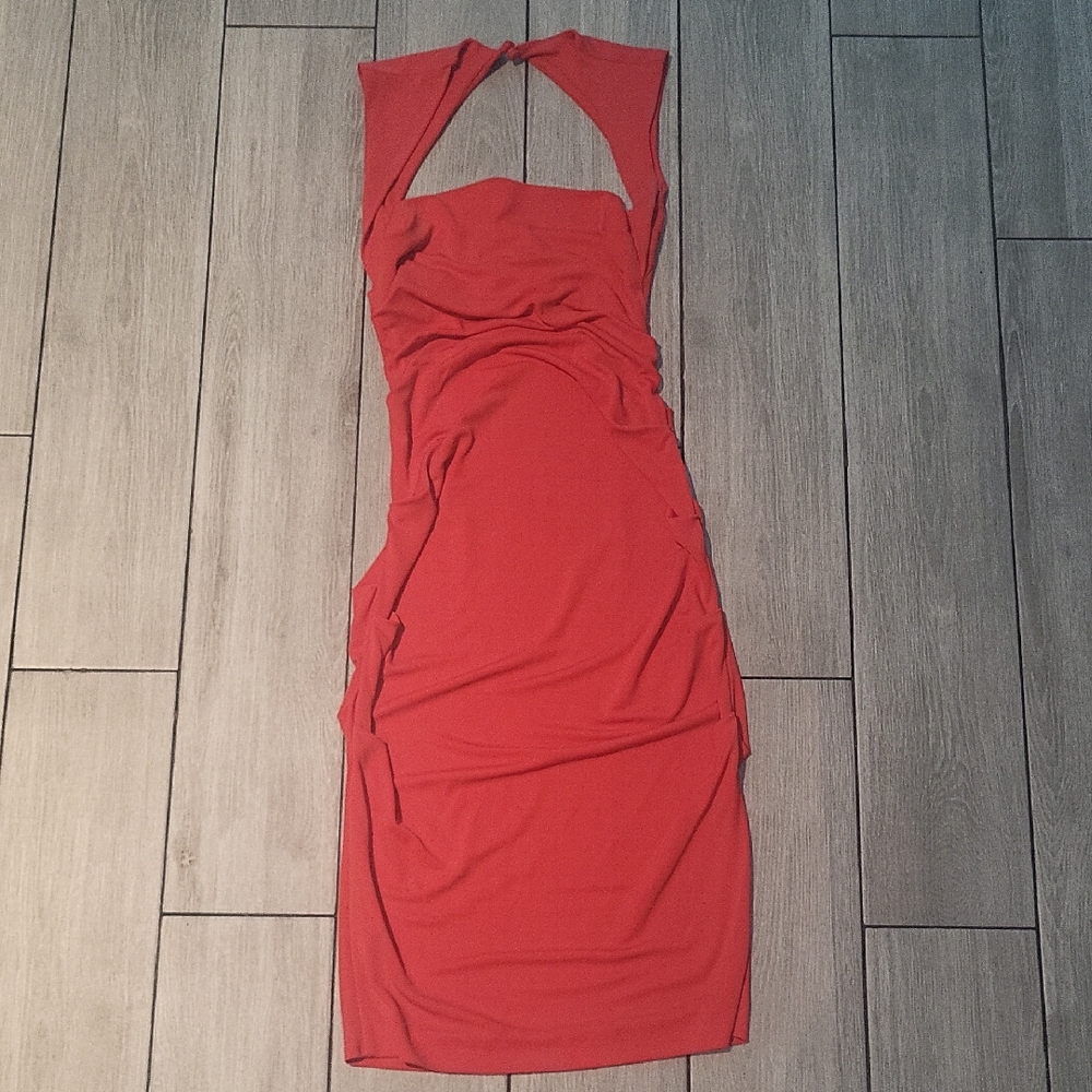 Nicole Orange Ruched Tie Front Halter Bodycon Dress